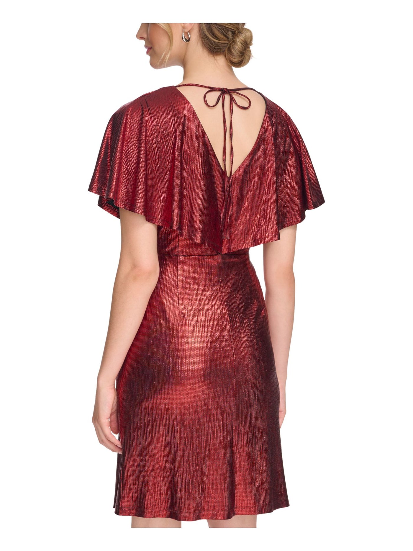 KENSIE DRESSES Womens Red Lined Pleated V-back With Tie Flutter Sleeve Surplice Neckline Above The Knee Cocktail Sheath Dress 0