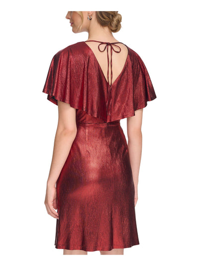 KENSIE DRESSES Womens Red Lined Pleated V-back With Tie Flutter Sleeve Surplice Neckline Above The Knee Cocktail Sheath Dress 0