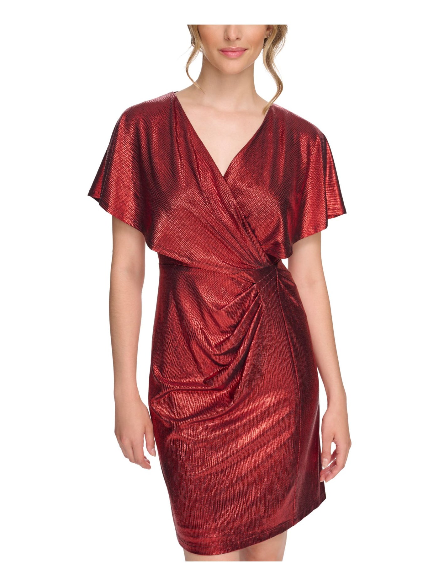 KENSIE DRESSES Womens Red Lined Pleated V-back With Tie Flutter Sleeve Surplice Neckline Above The Knee Cocktail Sheath Dress 0