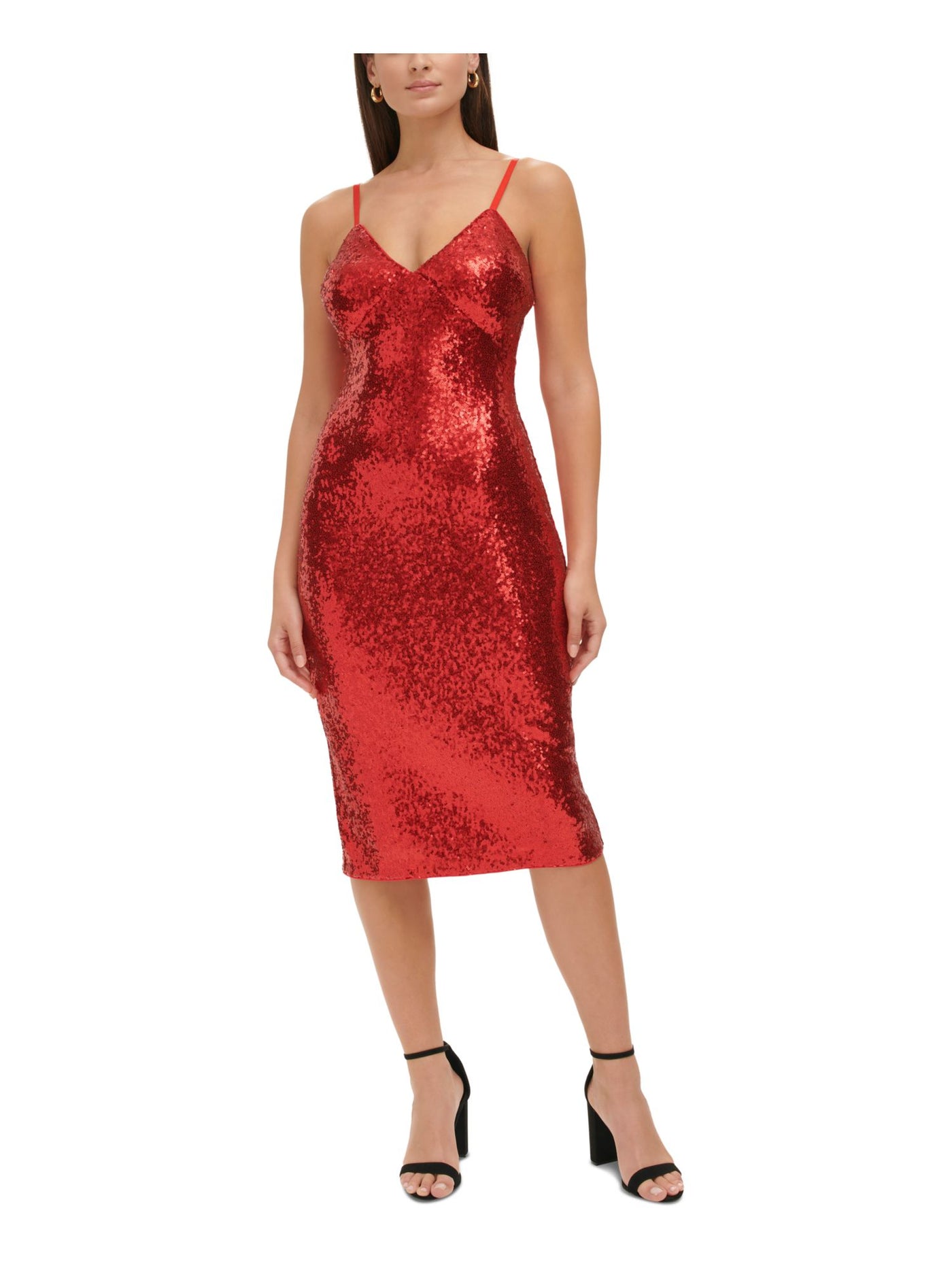 GUESS Womens Red Sequined Zippered Lined Slitted Padded Spaghetti Strap V Neck Midi Cocktail Sheath Dress 2