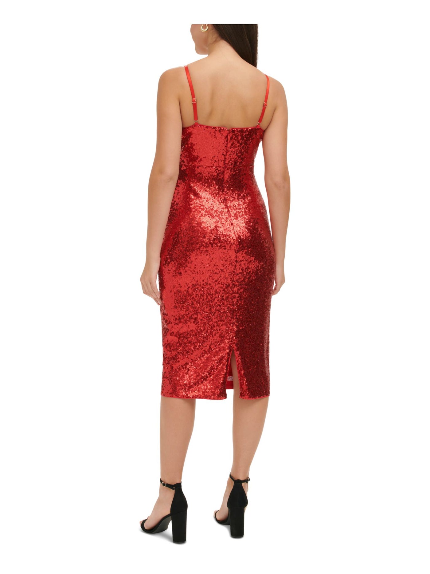 GUESS Womens Red Sequined Zippered Lined Slitted Padded Spaghetti Strap V Neck Midi Cocktail Sheath Dress 14