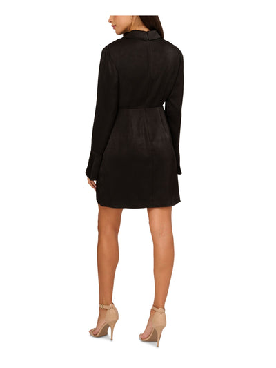 ADRIANNA PAPELL Womens Black Zippered Pleated Button Accents Collared Long Sleeve Surplice Neckline Short Party Sheath Dress 8