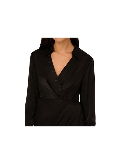 ADRIANNA PAPELL Womens Black Zippered Pleated Button Accents Collared Long Sleeve Surplice Neckline Short Party Sheath Dress 8