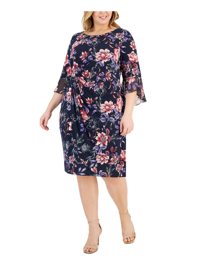 CONNECTED APPAREL Womens Pleated Bell Sleeve Round Neck Knee Length Wear To Work Sheath Dress