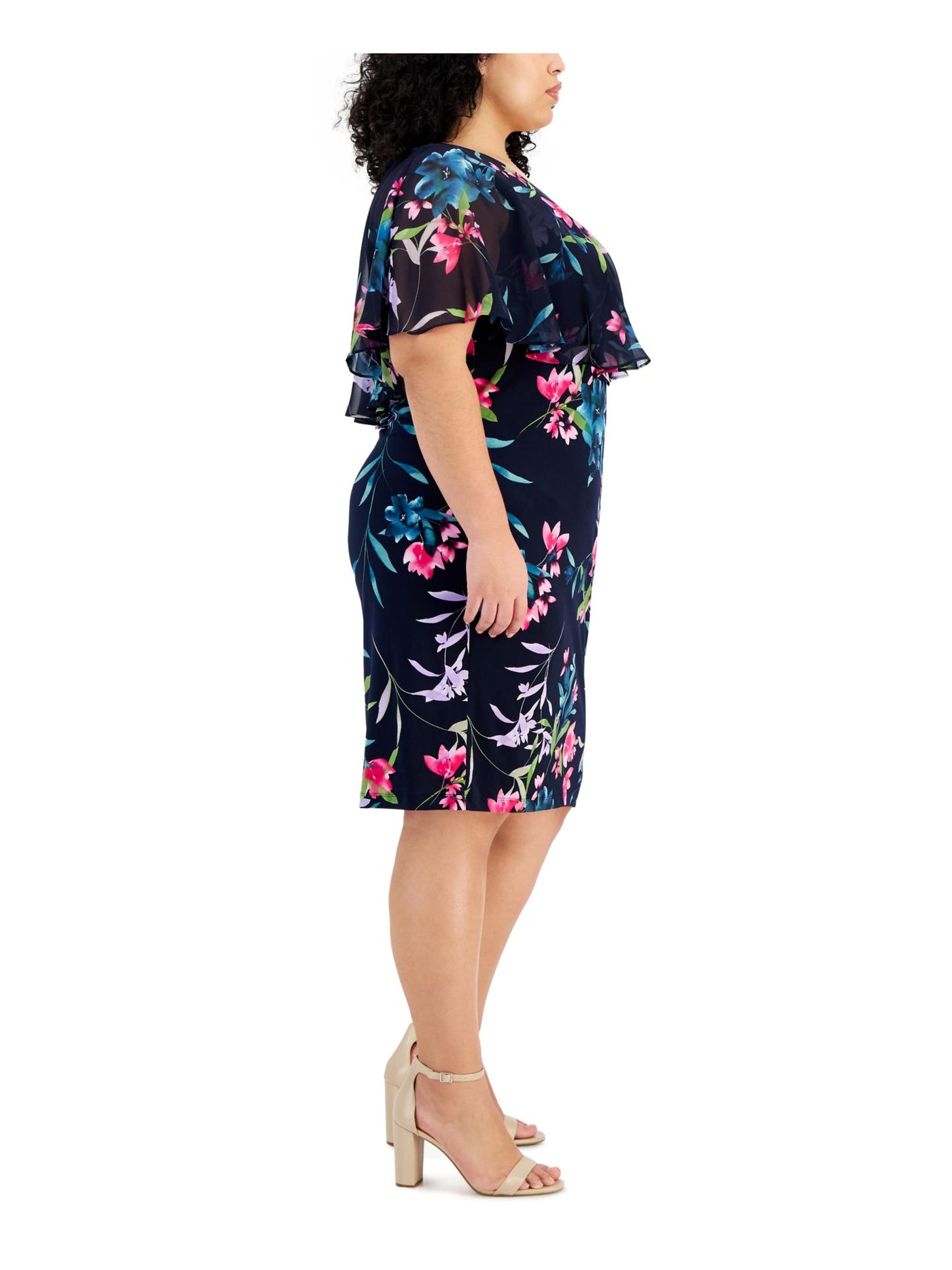 CONNECTED APPAREL Womens Pleated Bell Sleeve Round Neck Knee Length Wear To Work Sheath Dress