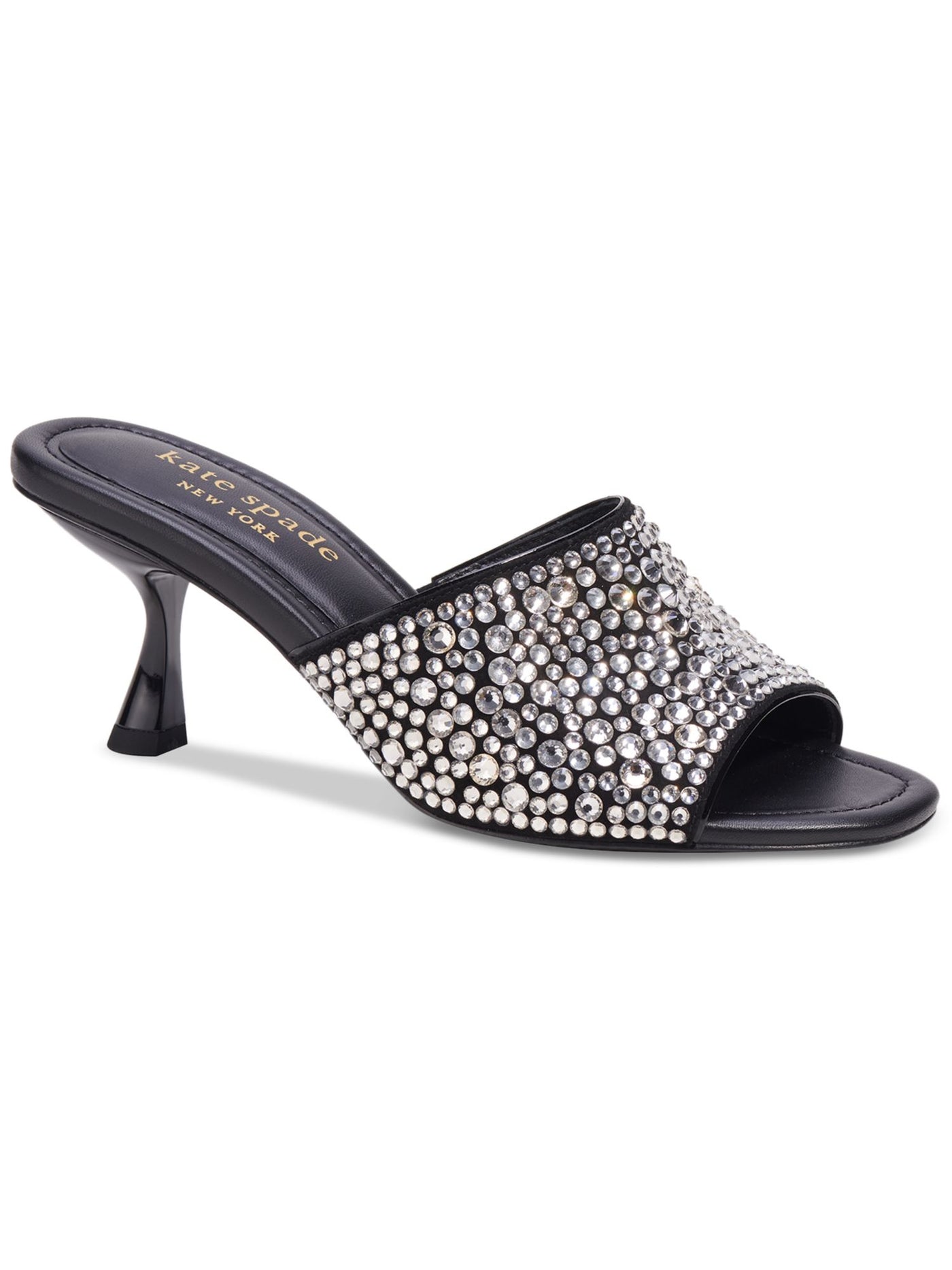 KATE SPADE NEW YORK Womens Black Crystal Embellishments Padded Malibu Almond Toe Kitten Heel Slip On Leather Dress Sandals Shoes 5 B