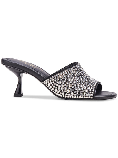 KATE SPADE NEW YORK Womens Black Crystal Embellishments Padded Malibu Almond Toe Kitten Heel Slip On Leather Dress Sandals Shoes 5 B