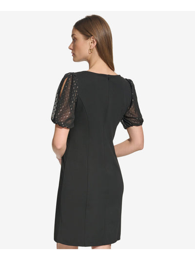 DKNY Womens Black Zippered Unlined Spotted Metallic Sheer Split Sle Short Sleeve Above The Knee Sheath Dress 2