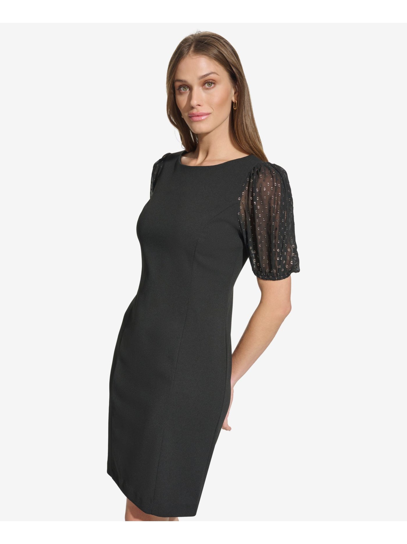 DKNY Womens Black Zippered Unlined Spotted Metallic Sheer Split Sle Short Sleeve Above The Knee Sheath Dress 2