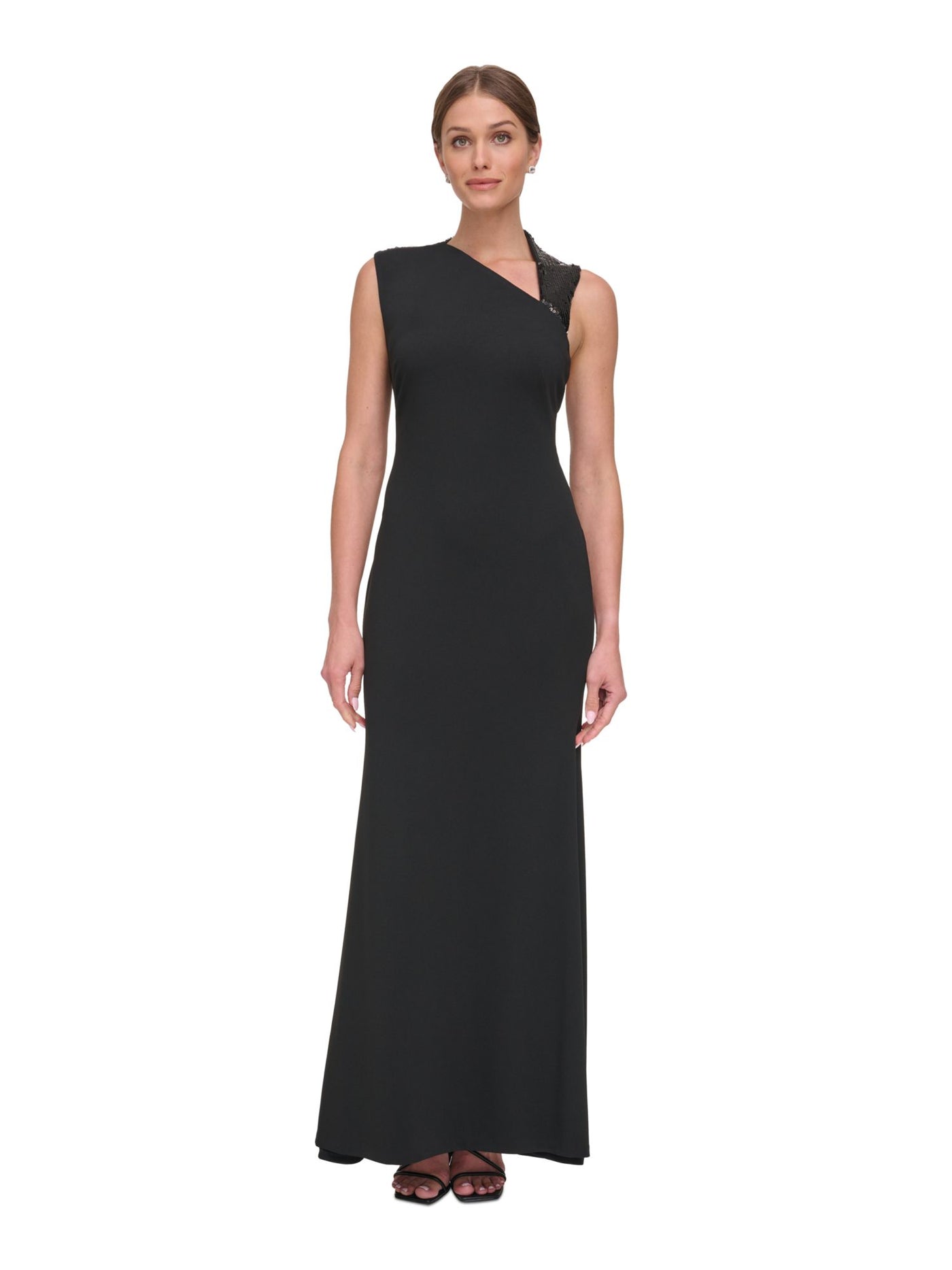 DKNY Womens Black Zippered Lined Strappy Cut Out Back Sleeveless Asymmetrical Neckline Full-Length Evening Gown Dress 2