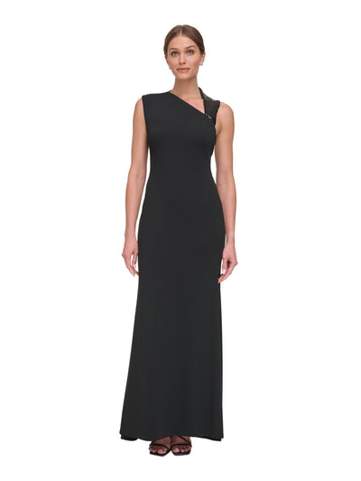 DKNY Womens Black Zippered Lined Strappy Cut Out Back Sleeveless Asymmetrical Neckline Full-Length Evening Gown Dress 4