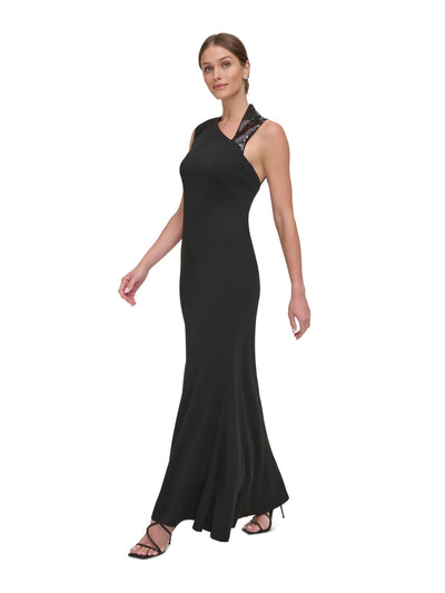 DKNY Womens Black Zippered Lined Strappy Cut Out Back Sleeveless Asymmetrical Neckline Full-Length Evening Gown Dress 4