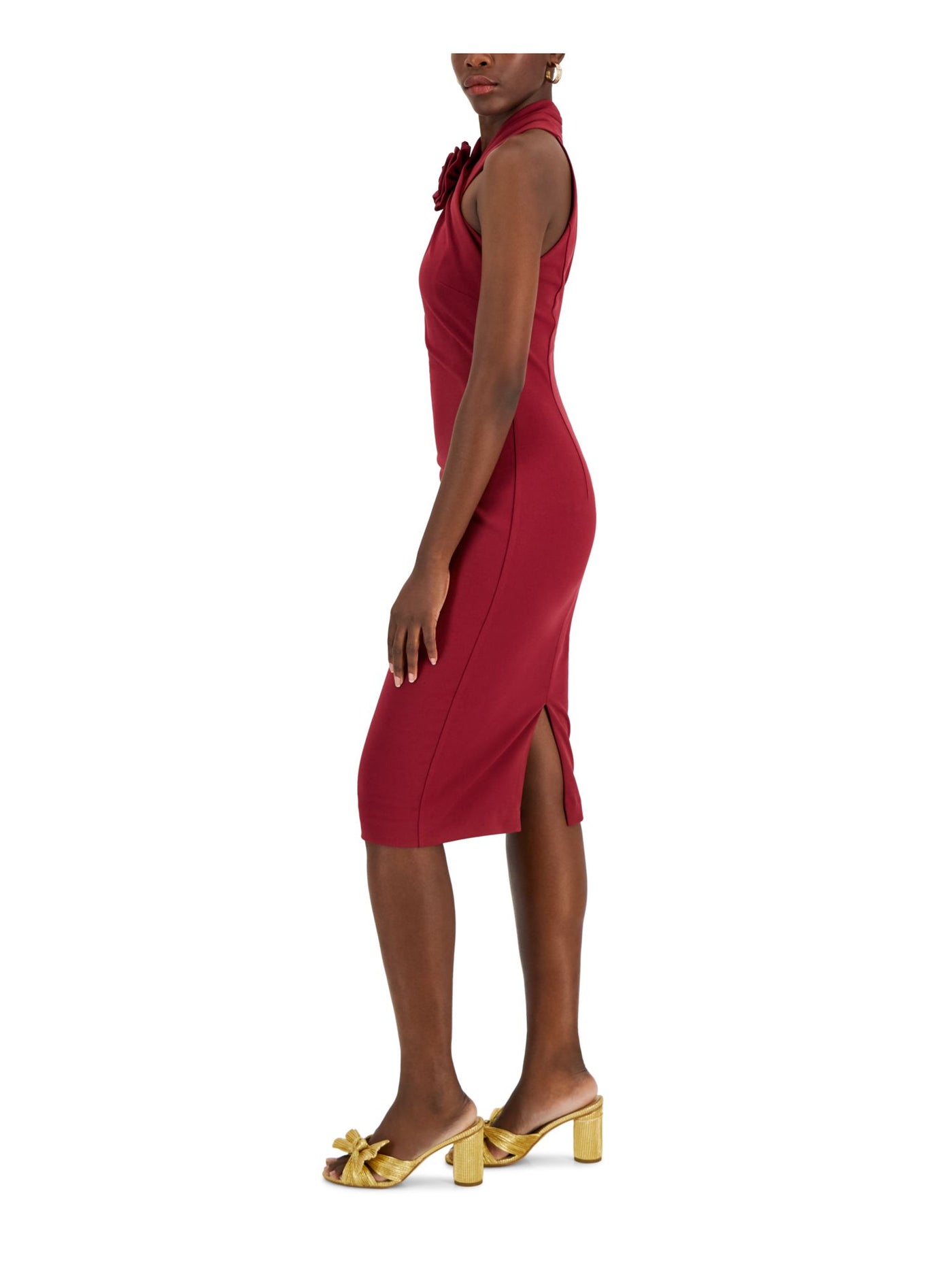 RACHEL RACHEL ROY Womens Maroon Zippered Lined Rosette Back Slit Sleeveless Halter Below The Knee Evening Body Con Dress XL