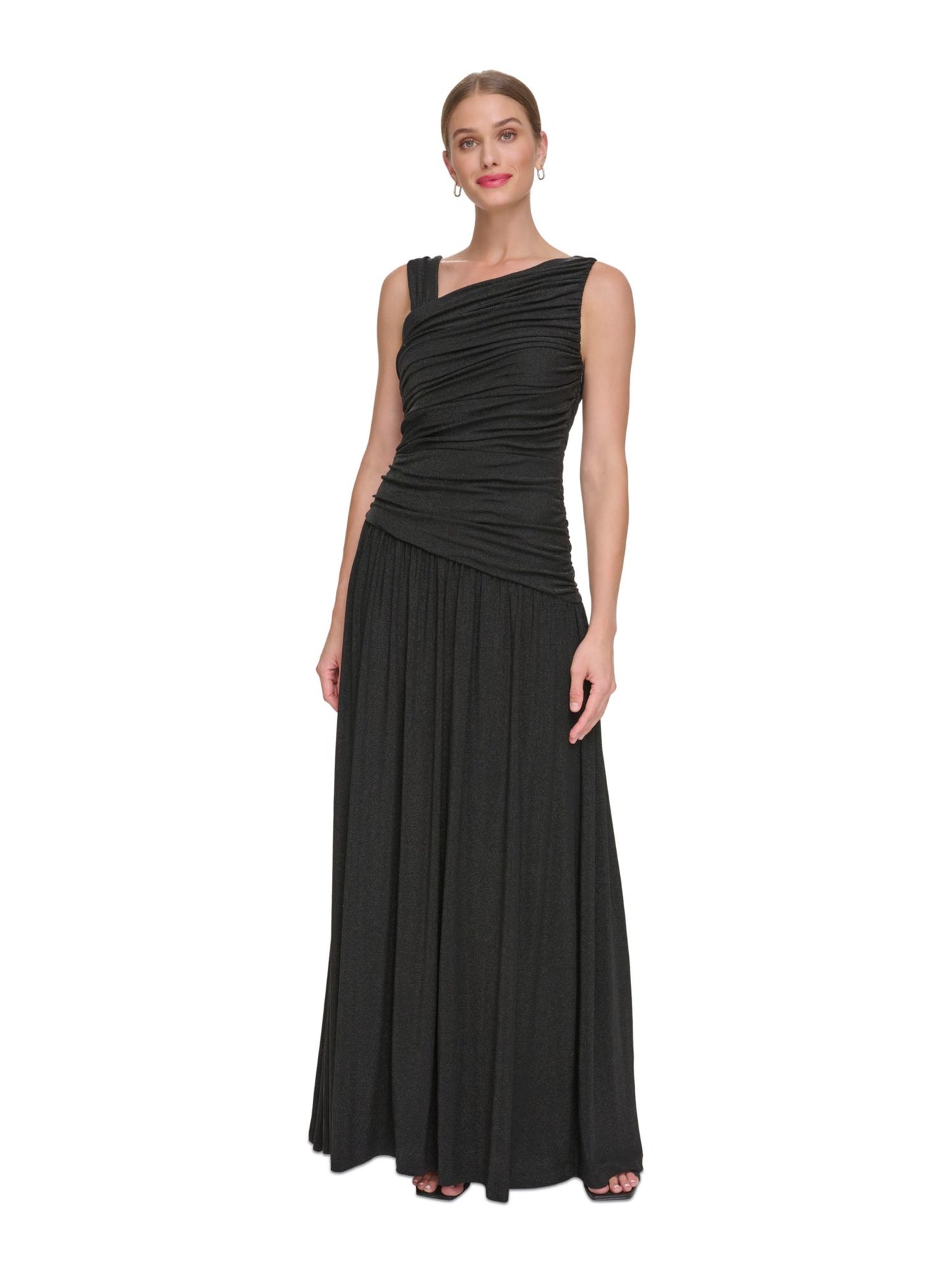 DKNY Womens Black Ruched Zippered Lined Sleeveless Asymmetrical Neckline Full-Length Formal Gown Dress 2