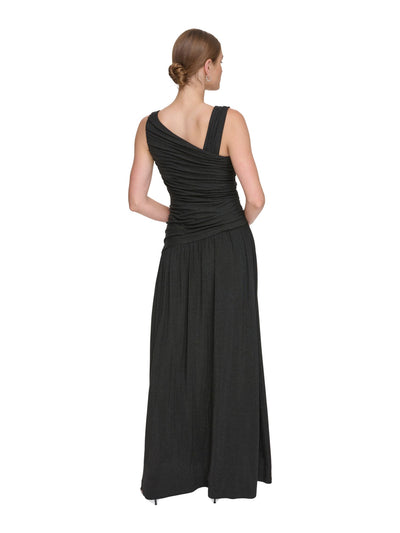 DKNY Womens Black Ruched Zippered Lined Sleeveless Asymmetrical Neckline Full-Length Formal Gown Dress 2