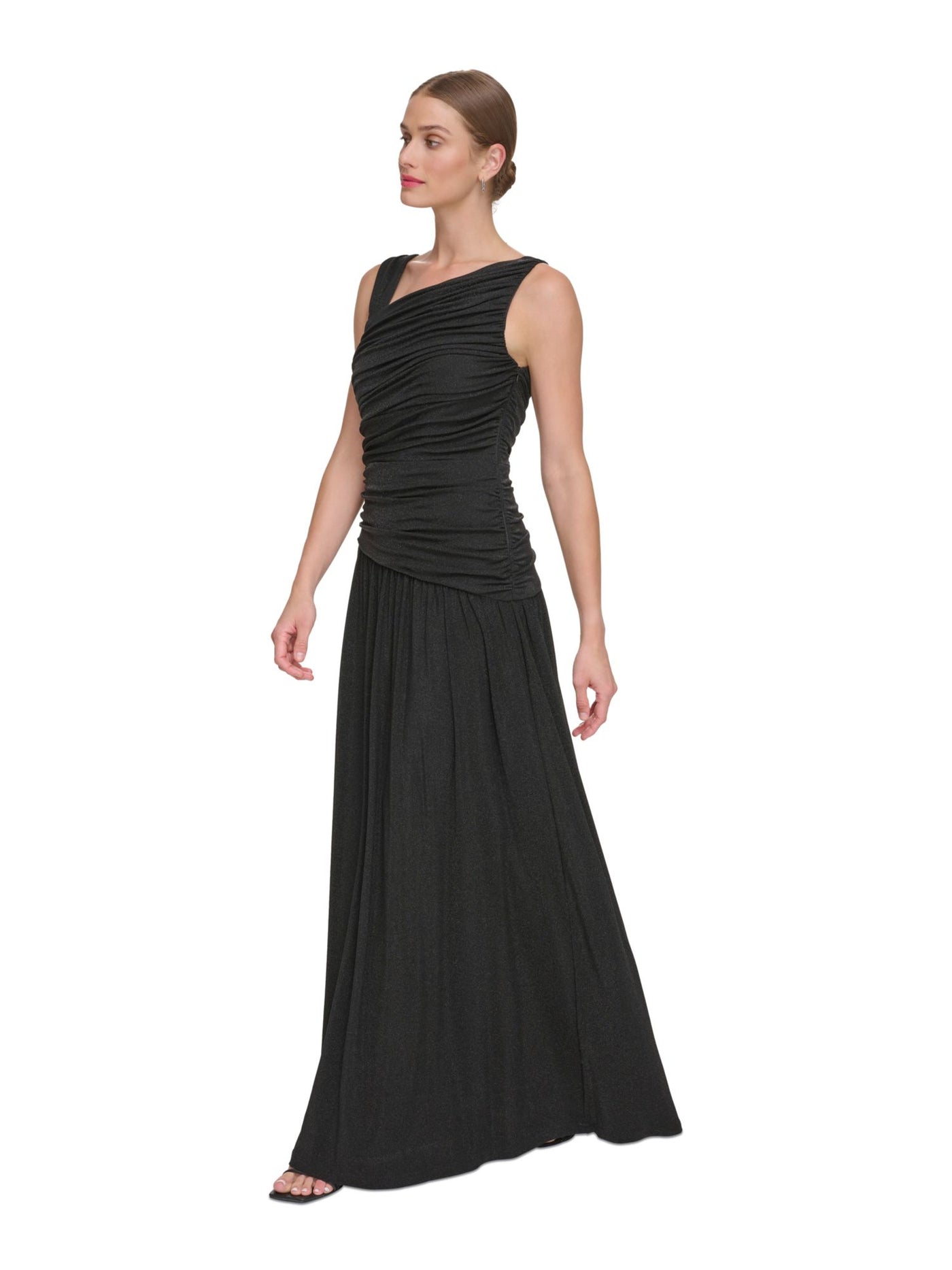 DKNY Womens Black Ruched Zippered Lined Sleeveless Asymmetrical Neckline Full-Length Formal Gown Dress 2