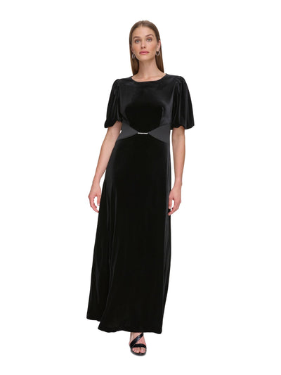 DKNY Womens Black Zippered Embellished Triangle Waist Design Balloon Sleeve Jewel Neck Full-Length Formal Gown Dress 4