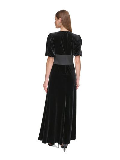 DKNY Womens Black Zippered Embellished Triangle Waist Design Balloon Sleeve Jewel Neck Full-Length Formal Gown Dress 14