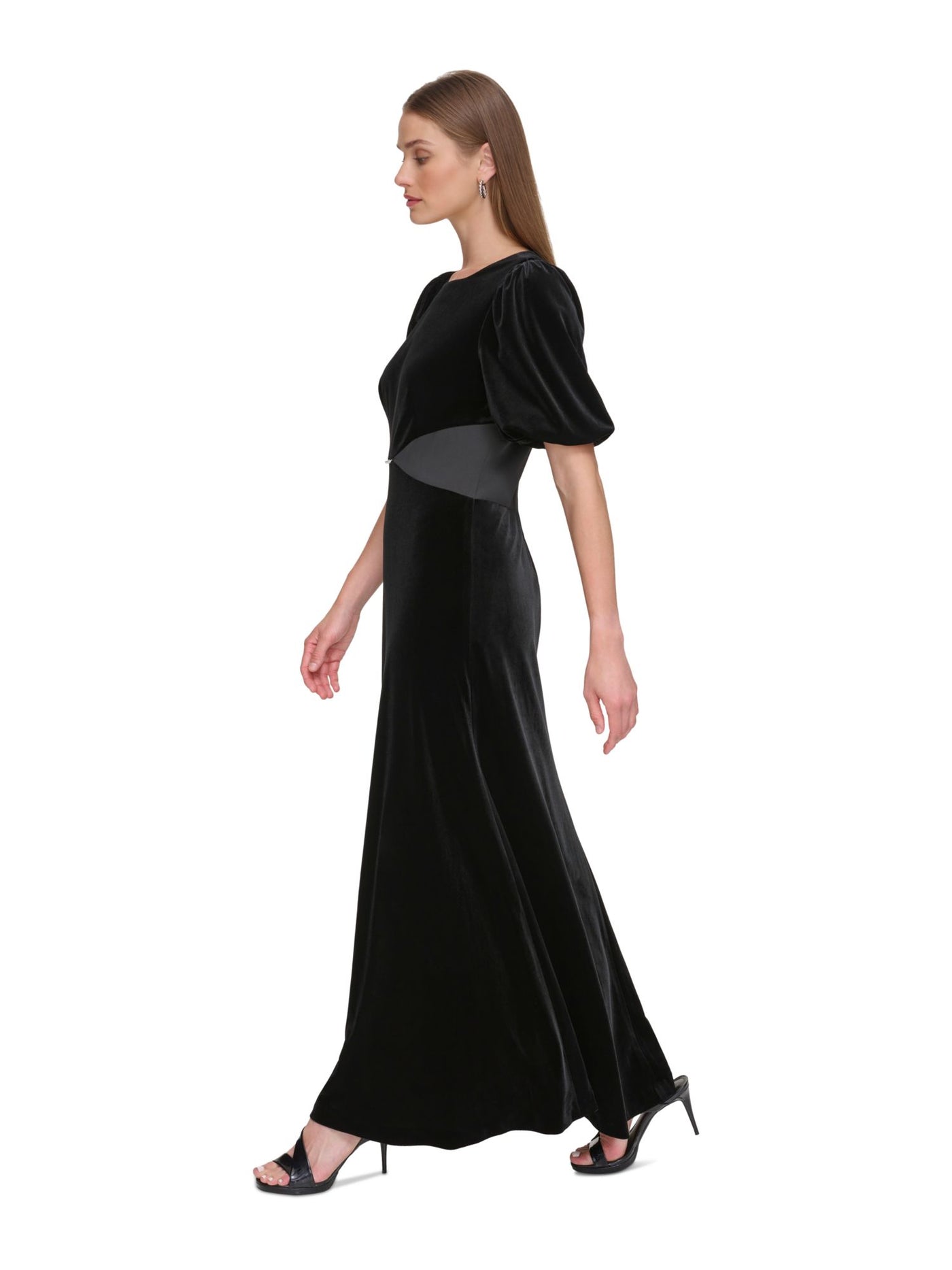 DKNY Womens Black Zippered Embellished Triangle Waist Design Balloon Sleeve Jewel Neck Full-Length Formal Gown Dress 4