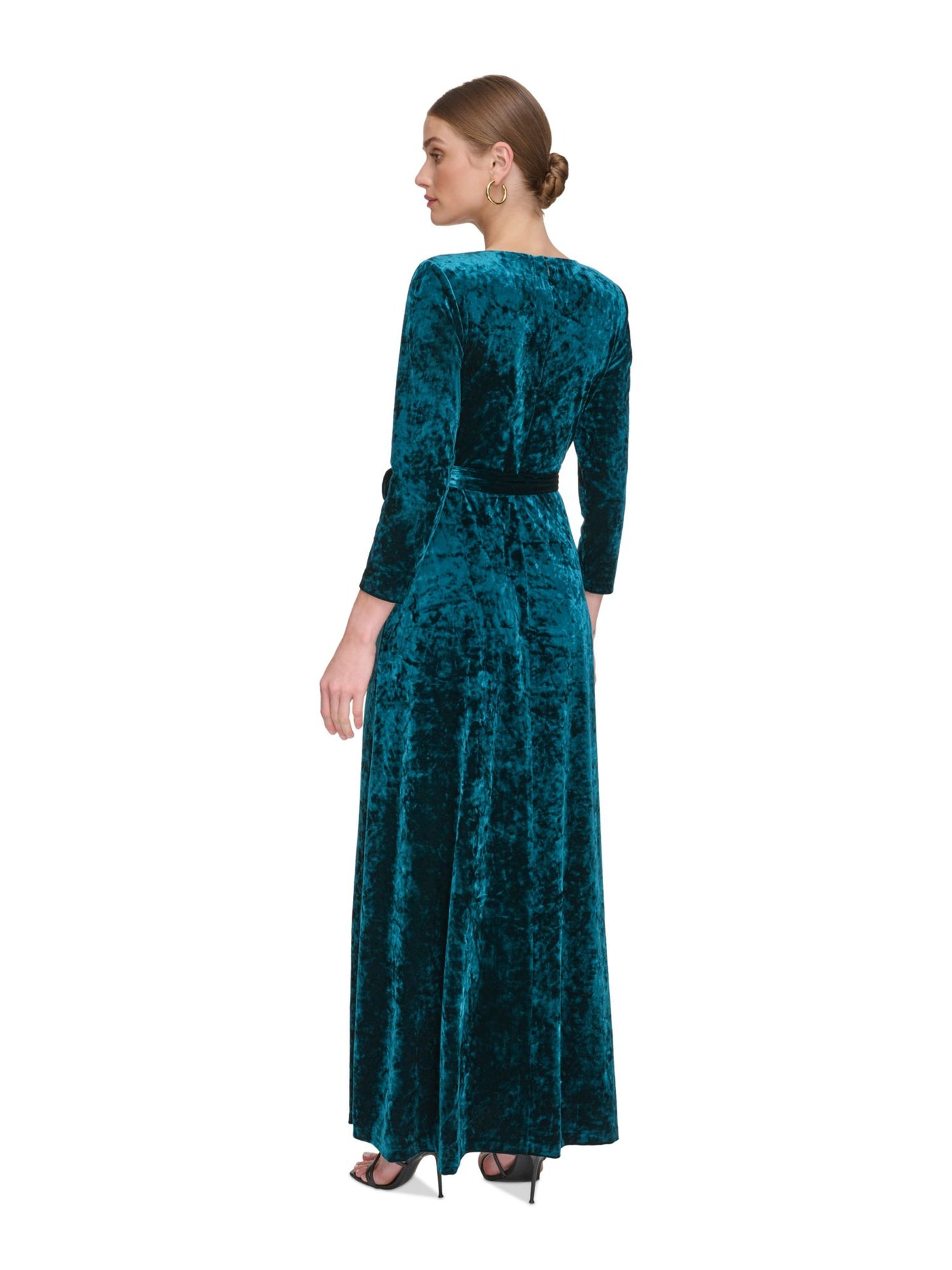 DKNY Womens Green Pleated Zippered Crushed Velvet Tie-belt Lined 3/4 Sleeve Surplice Neckline Full-Length Formal Gown Dress 6