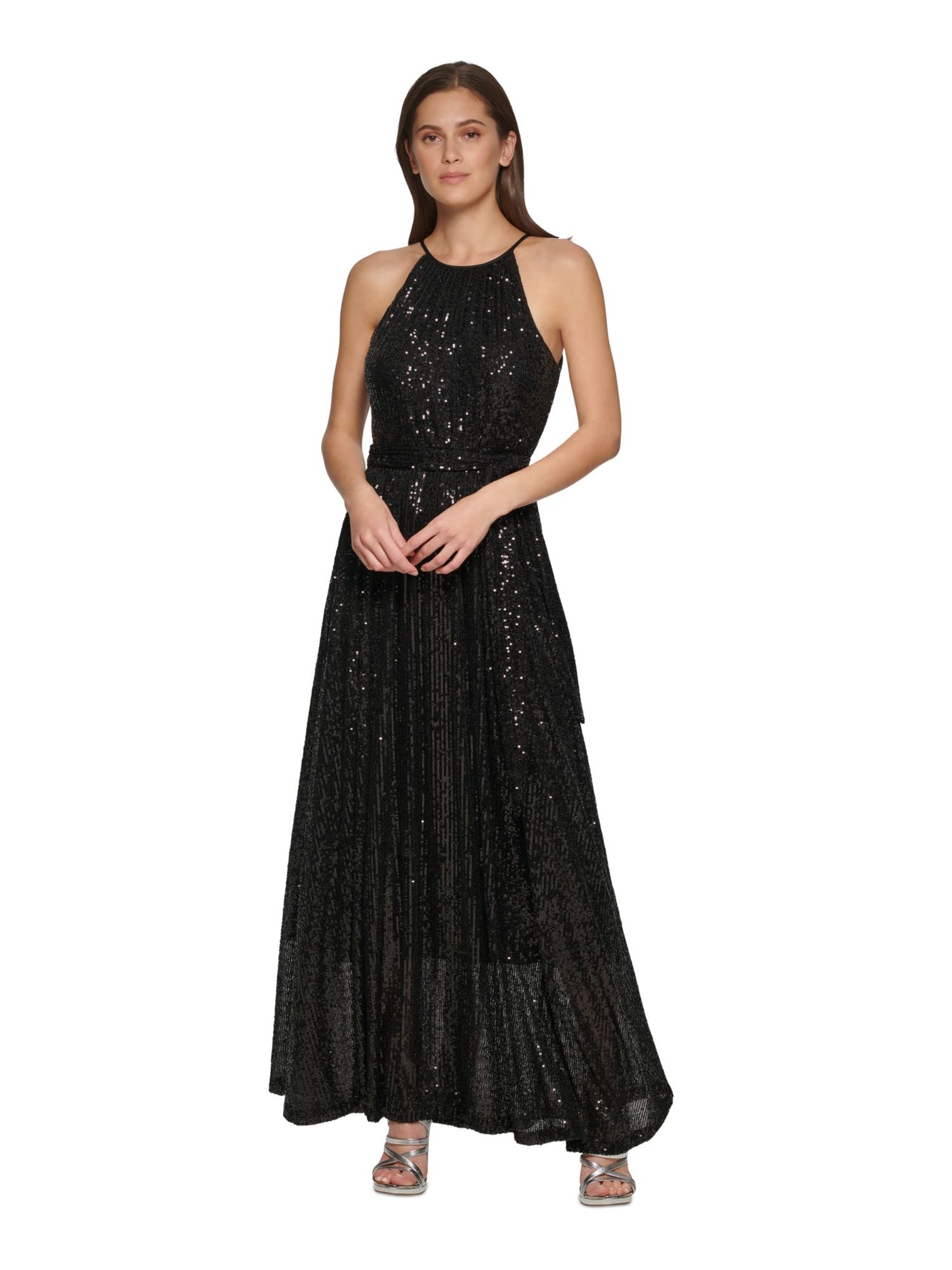 DKNY Womens Black Sequined Zippered Tie-belt Sleeveless Halter Maxi Party Gown Dress 8