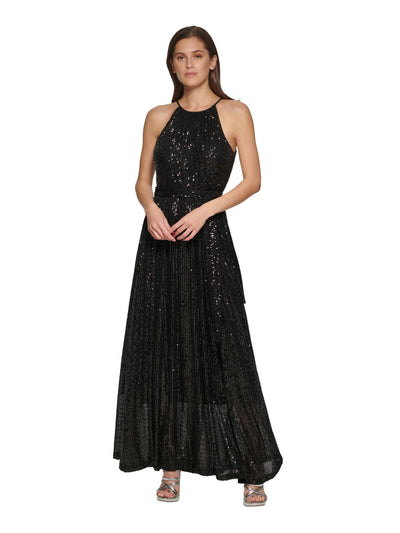 DKNY Womens Black Sequined Zippered Tie-belt Sleeveless Halter Maxi Party Gown Dress 8