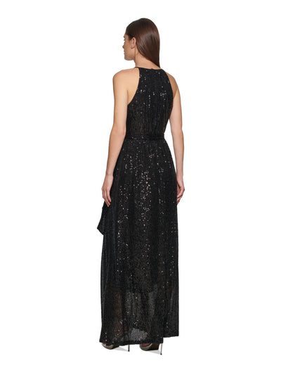 DKNY Womens Black Sequined Zippered Tie-belt Sleeveless Halter Maxi Party Gown Dress 8
