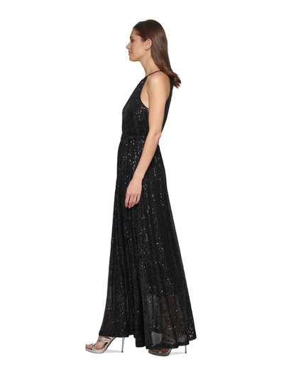 DKNY Womens Black Sequined Zippered Tie-belt Sleeveless Halter Maxi Party Gown Dress 8