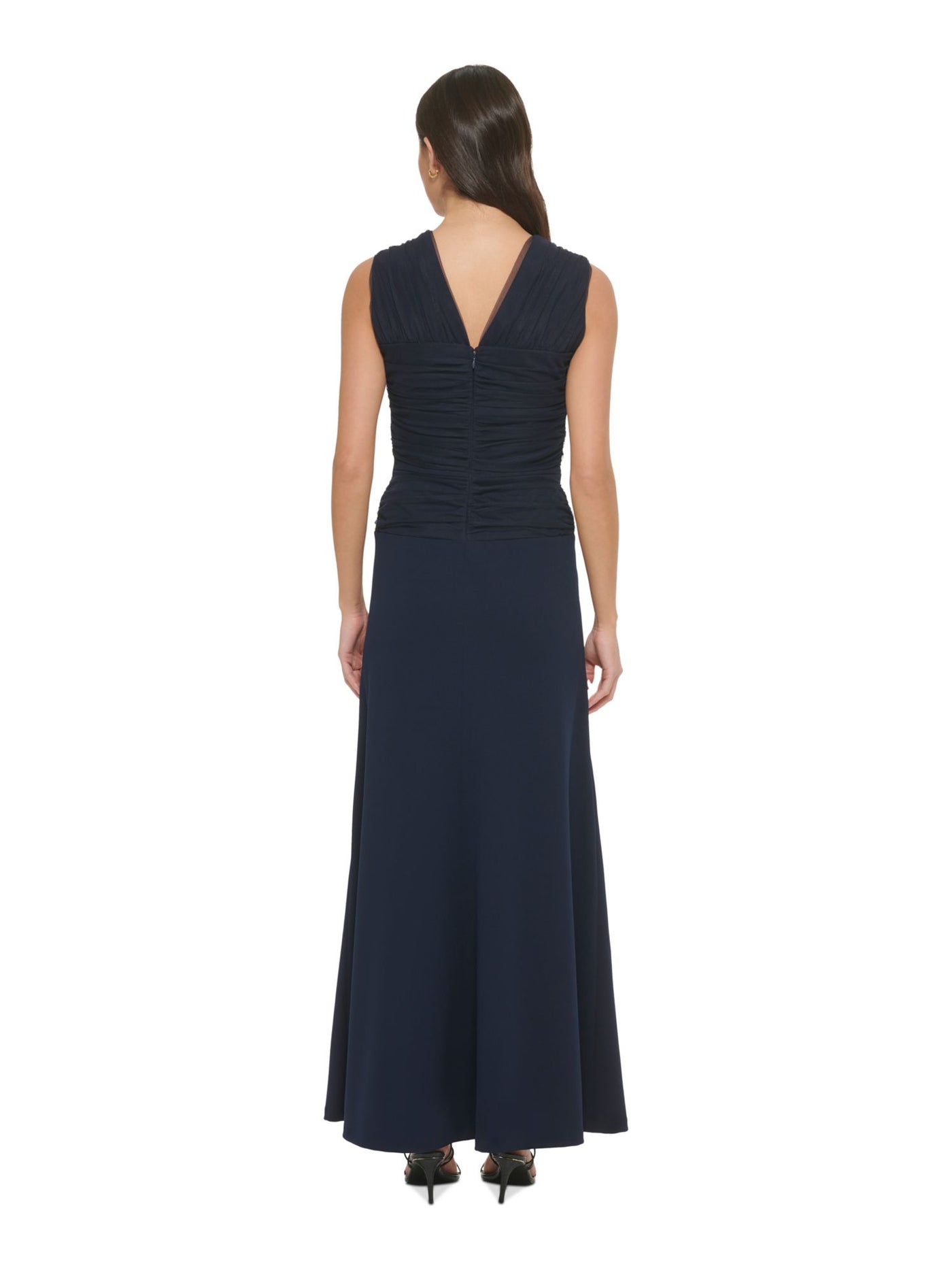 DKNY Womens Navy Ruched Twist Front Keyhole Zippered Sleeveless V Neck Full-Length Formal Fit + Flare Dress 4