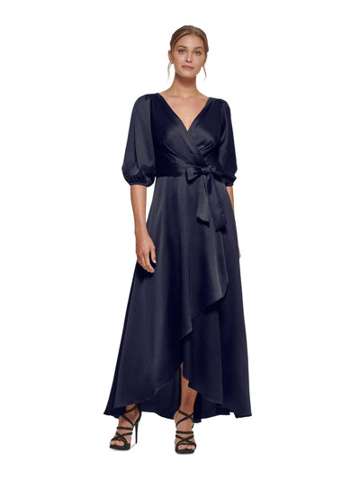 DKNY Womens Navy Zippered Gathered Tulip Hem Tie Waist Lined Balloon Sleeve Surplice Neckline Full-Length Evening Faux Wrap Dress 4