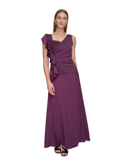 DKNY Womens Burgundy Pleated Zippered Ruffle Cascade Lined Sleeveless Asymmetrical Neckline Full-Length Evening Gown Dress 6