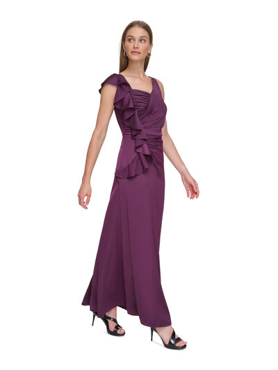 DKNY Womens Burgundy Pleated Zippered Ruffle Cascade Lined Sleeveless Asymmetrical Neckline Full-Length Evening Gown Dress 6