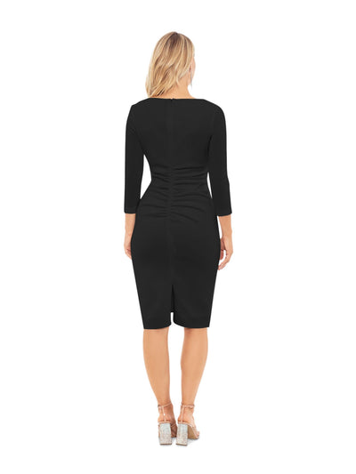 XSCAPE Womens Black Ruched Zippered Embellished Side Back Slit Lined 3/4 Sleeve Asymmetrical Neckline Knee Length Cocktail Body Con Dress 6