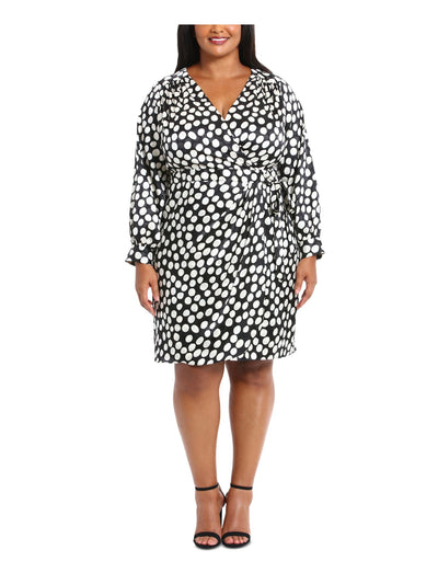 LONDON TIMES WOMAN Womens Black Satin Zippered Lined Bow Accent Polka Dot Blouson Sleeve Surplice Neckline Above The Knee Wear To Work Faux Wrap Dress Plus 24W