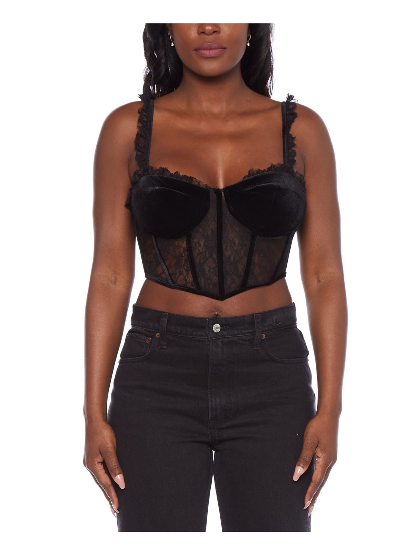 ALEX & SOPHIA Womens Black Zippered Boning Lace Padded Lace Trim Cor Floral Sleeveless Sweetheart Neckline Party Top Juniors 15\16