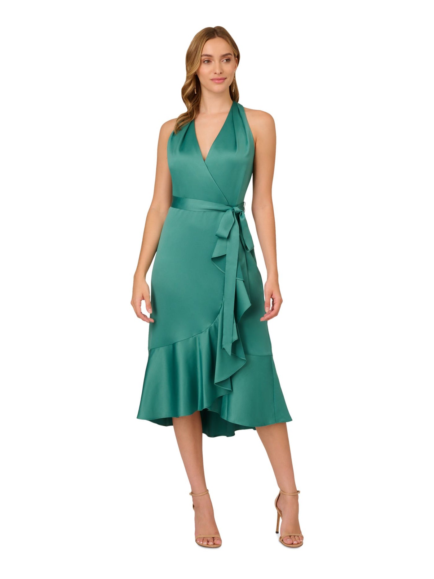 ADRIANNA PAPELL Womens Green Zippered Cascading Ruffle Trim Tie Belt Sleeveless Halter Midi Party Faux Wrap Dress 0