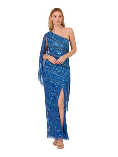 ADRIANNA PAPELL Womens Blue Embellished Zippered Draped Sleeve Slitted Lined Asymmetrical Neckline Full-Length Formal Sheath Dress 12