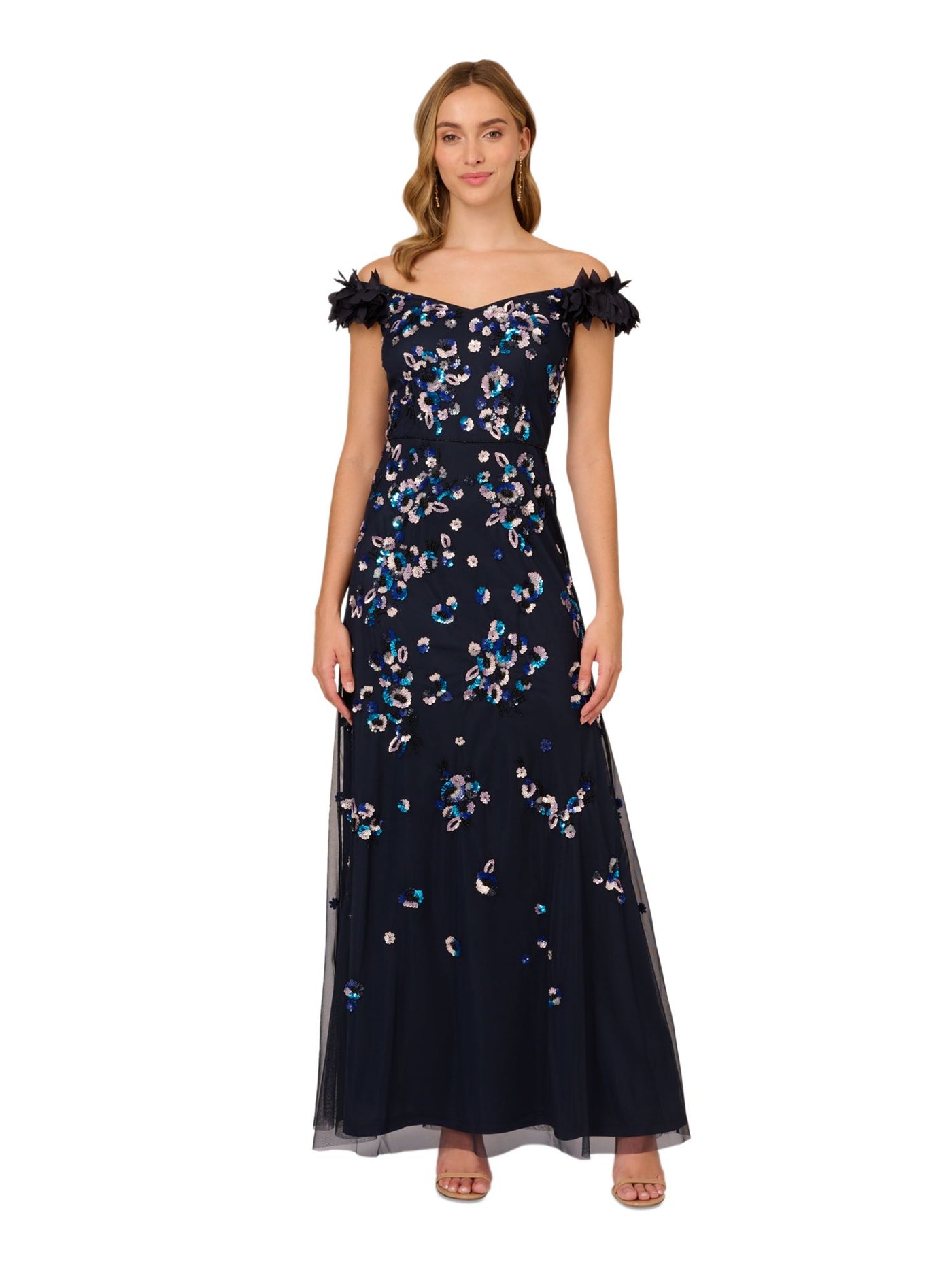 ADRIANNA PAPELL Womens Navy Zippered Lined Petal Trim Sleeve Off Shoulder Full-Length Formal Gown Dress 12