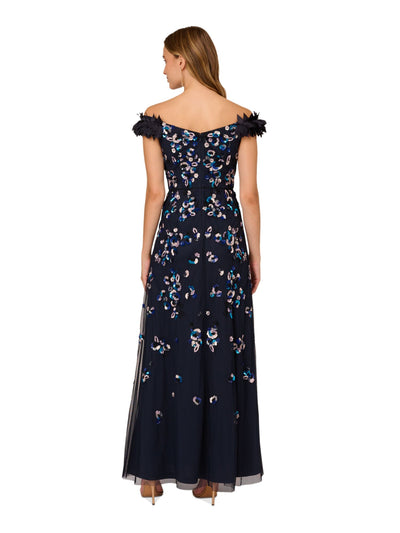 ADRIANNA PAPELL Womens Navy Zippered Lined Petal Trim Sleeve Off Shoulder Full-Length Formal Gown Dress 12