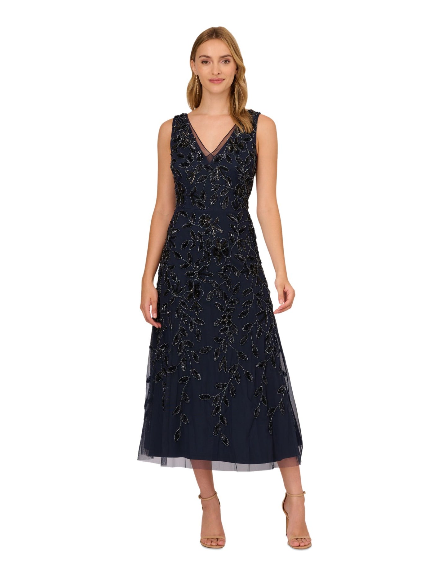 ADRIANNA PAPELL Womens Navy Embellished Zippered Lined Sleeveless V Neck Midi Evening Fit + Flare Dress 10