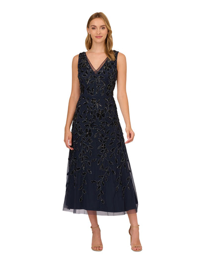 ADRIANNA PAPELL Womens Navy Embellished Zippered Lined Sleeveless V Neck Midi Evening Fit + Flare Dress 10