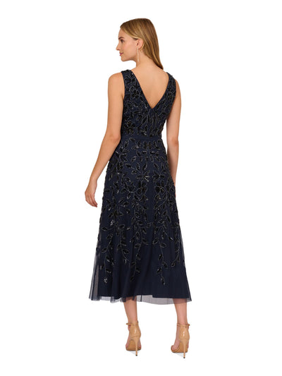 ADRIANNA PAPELL Womens Navy Embellished Zippered Lined Sleeveless V Neck Midi Evening Fit + Flare Dress 10