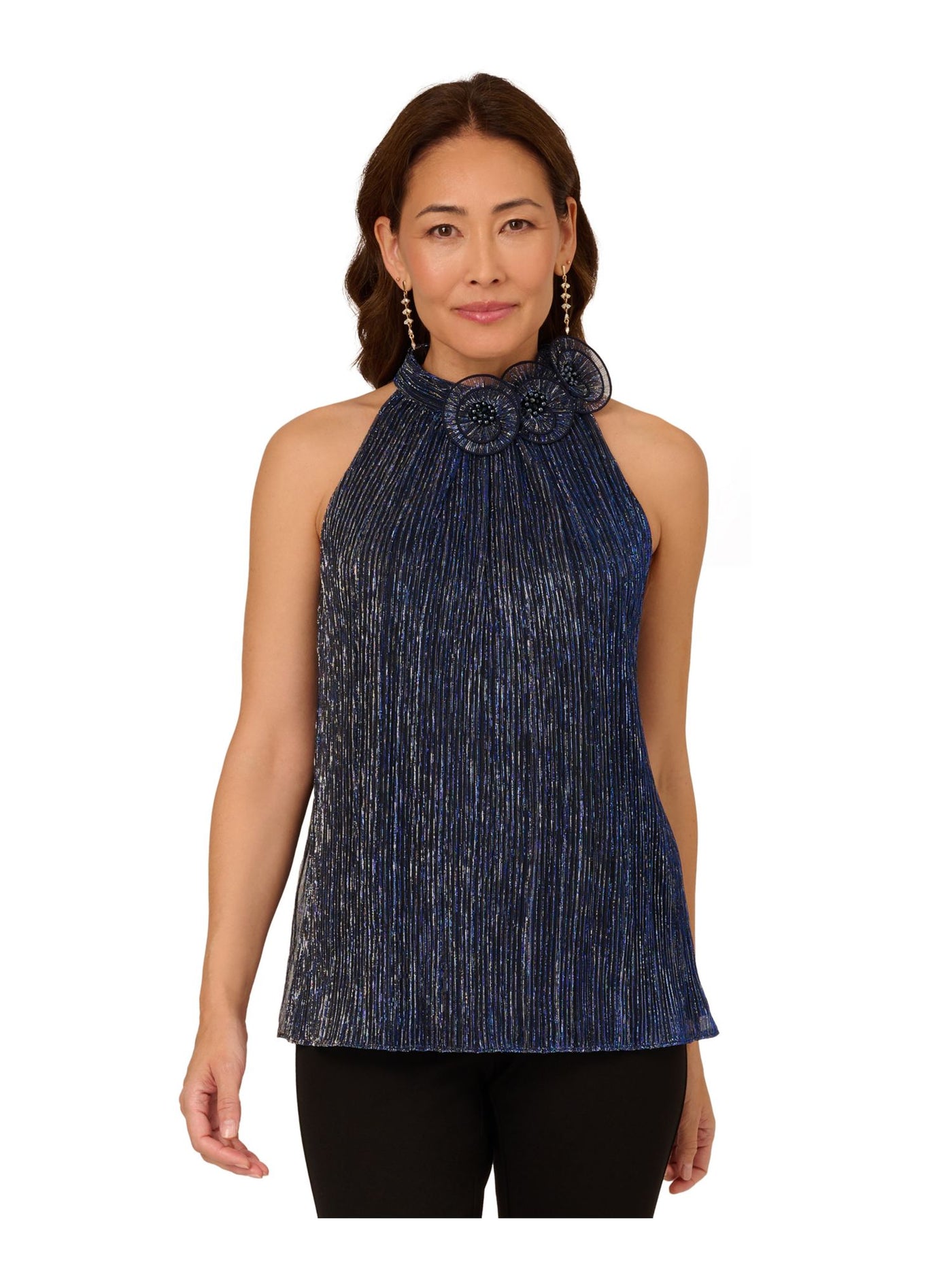 ADRIANNA PAPELL Womens Navy Textured 3d Fabric Flowers Back Keyhole Sleeveless Halter Party Top 4
