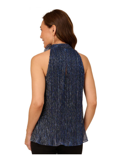 ADRIANNA PAPELL Womens Navy Textured 3d Fabric Flowers Back Keyhole Sleeveless Halter Party Top 4