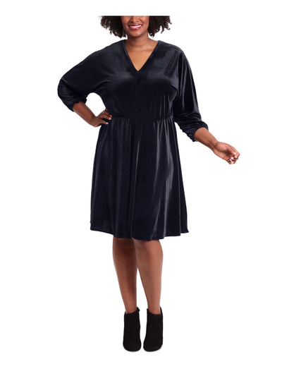 LONDON TIMES WOMAN Womens Navy Glitter Elastic Waist Pullon Speckle Long Sleeve V Neck Above The Knee Evening Fit + Flare Dress Plus 1X