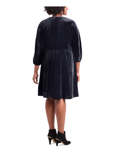 LONDON TIMES WOMAN Womens Navy Glitter Elastic Waist Pullon Speckle Long Sleeve V Neck Above The Knee Evening Fit + Flare Dress Plus 1X