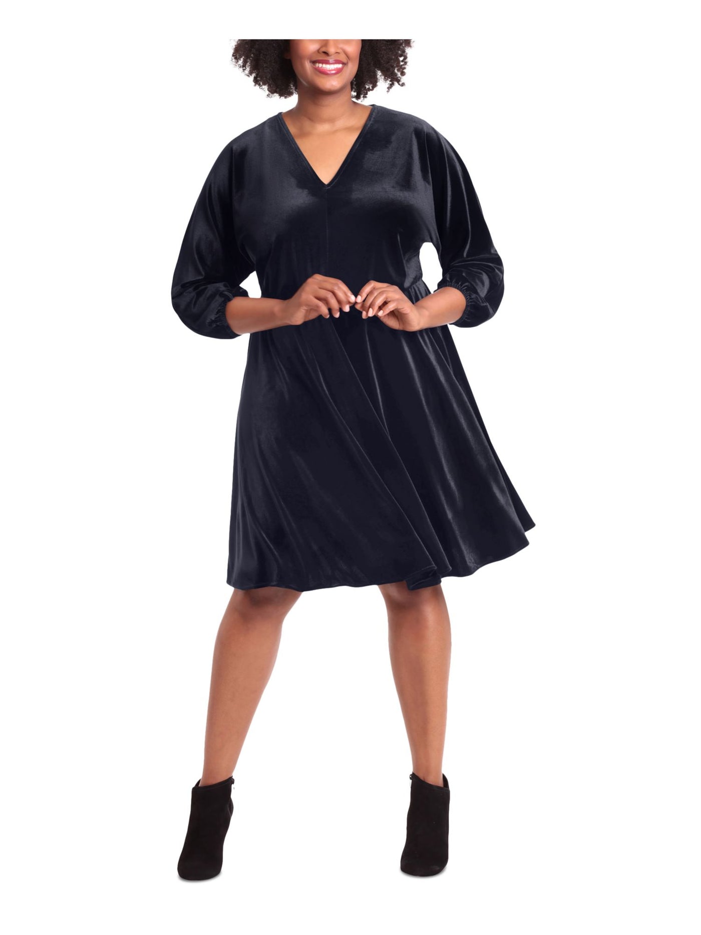 LONDON TIMES WOMAN Womens Navy Glitter Elastic Waist Pullon Speckle Long Sleeve V Neck Above The Knee Evening Fit + Flare Dress Plus 1X