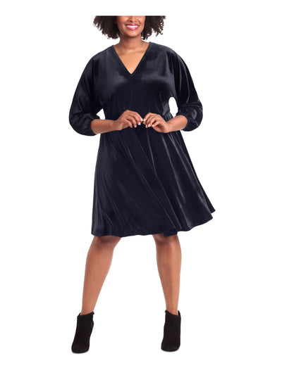 LONDON TIMES WOMAN Womens Navy Glitter Elastic Waist Pullon Speckle Long Sleeve V Neck Above The Knee Evening Fit + Flare Dress Plus 1X