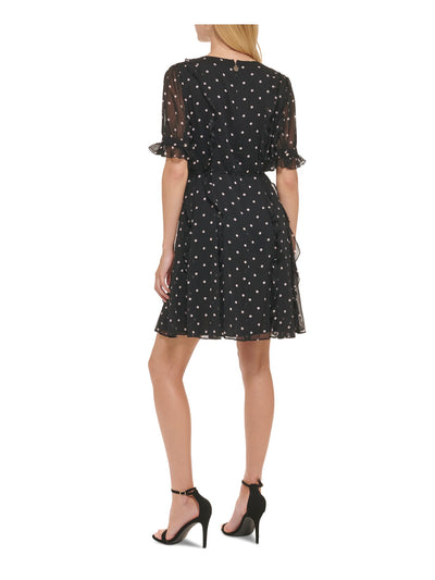 TOMMY HILFIGER Womens Black Zippered Ruffled Self-tie Belt Lined Polka Dot Short Sleeve Round Neck Above The Knee Party Fit + Flare Dress 8