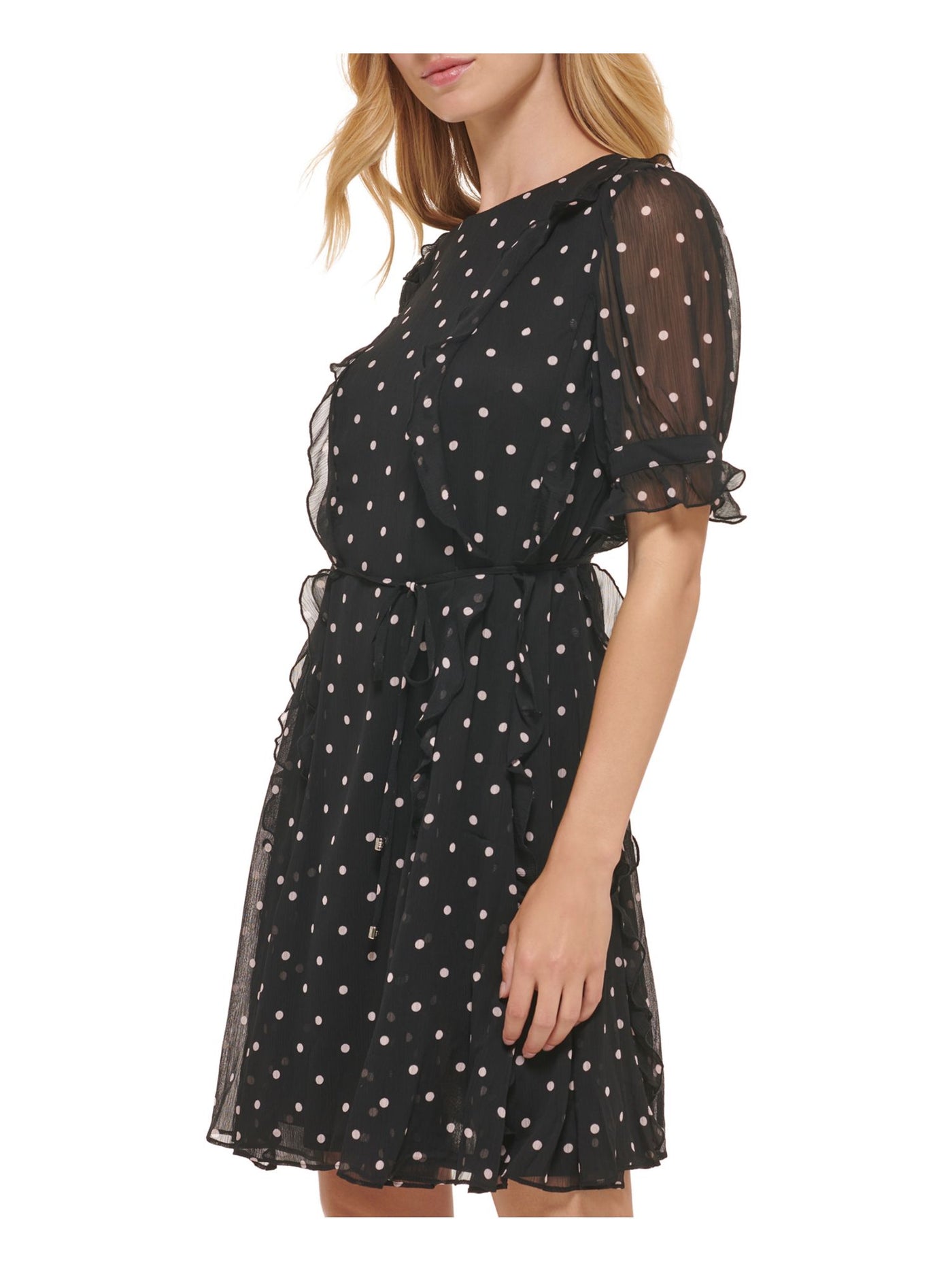 TOMMY HILFIGER Womens Black Zippered Ruffled Self-tie Belt Lined Polka Dot Short Sleeve Round Neck Above The Knee Party Fit + Flare Dress 8